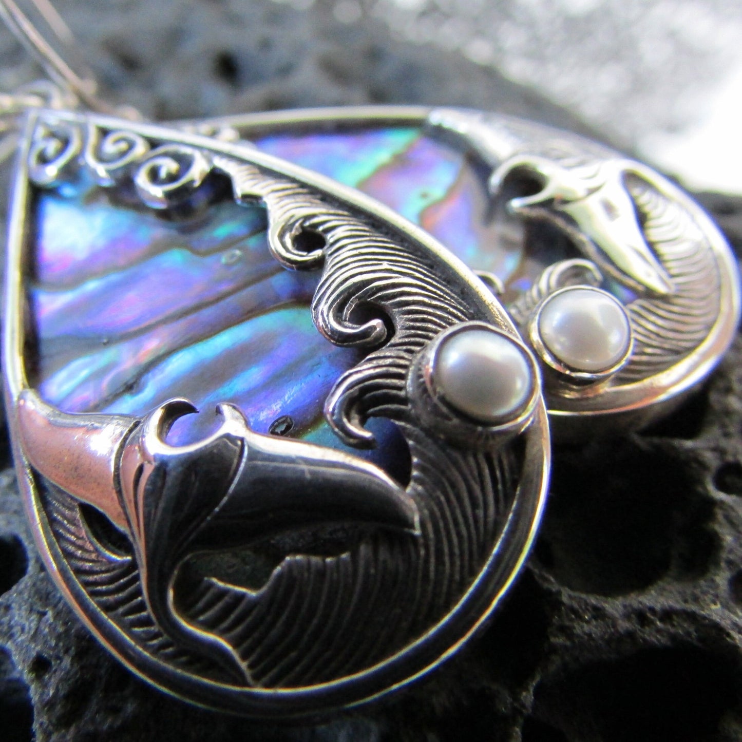 Manta Ray Wave Earrings | Abalone Paua Shell | Pearl | Sterling Silver | Ocean | Beach | Gift | Jewelry | Handmade | Unique