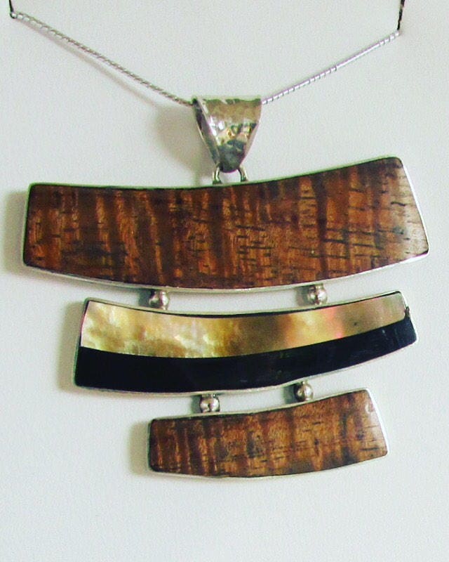 Hawaiian Koa Wood Necklace | Black Ouster Shell | Sterling Silver | Gift | Jewelry | Handmade | Unique