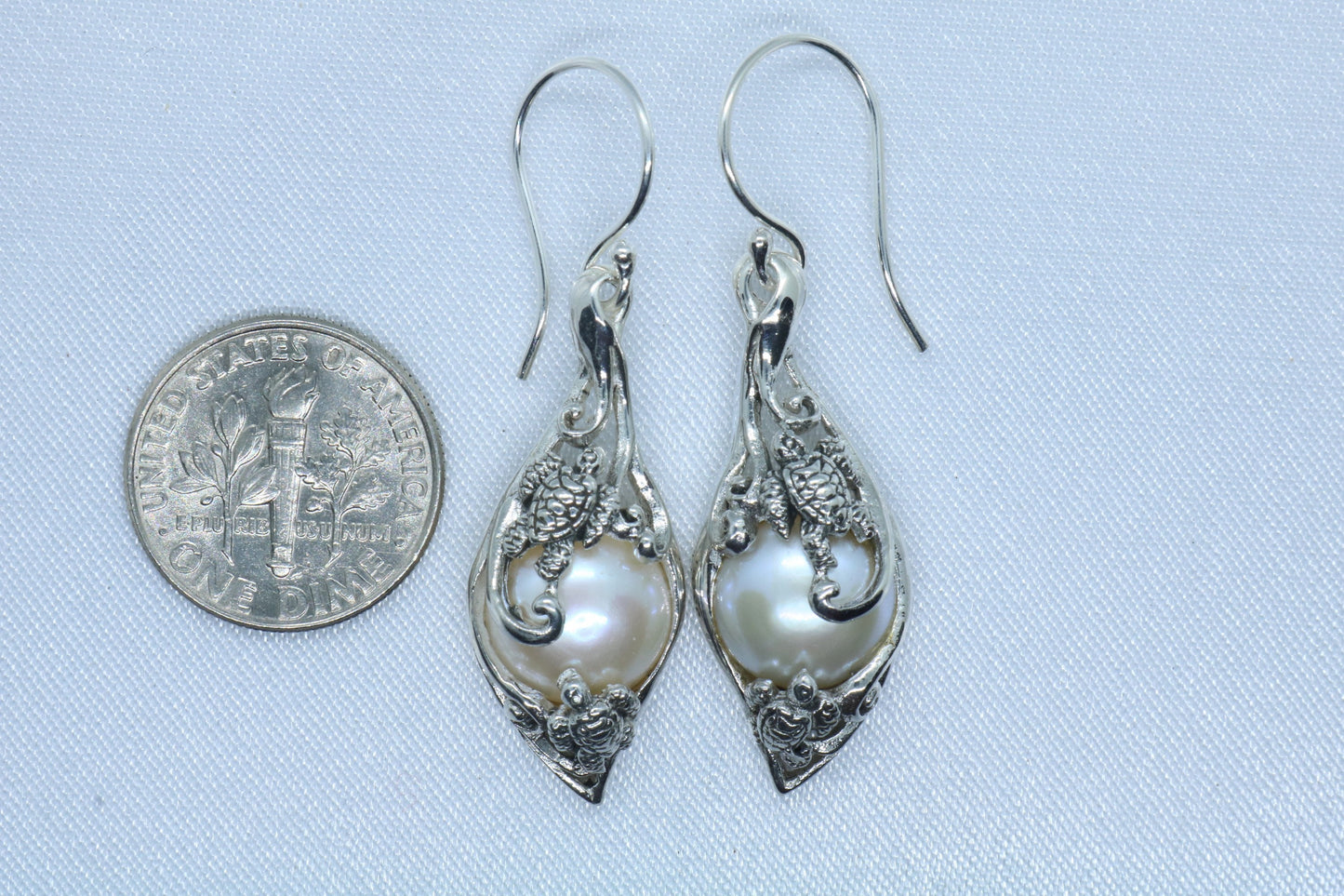 Turtles Hawaiian Honu Mabe White Pearl Silver Earrings