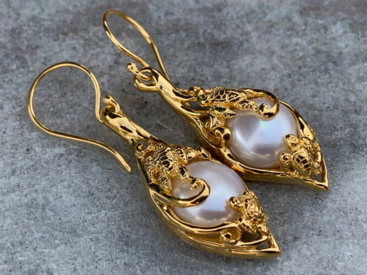 18k gold vermeil white mabe pearl turtle earrings. Hawaiian Honu.