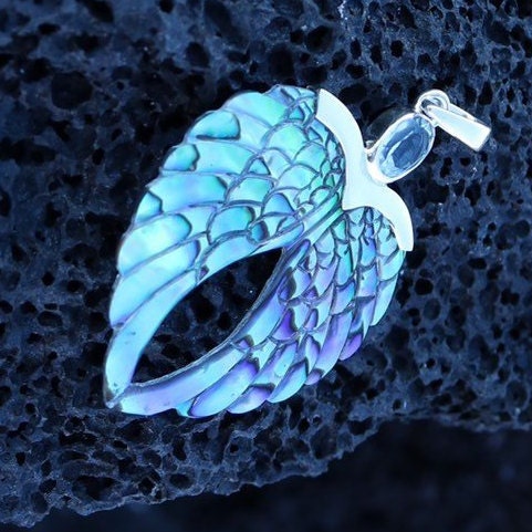 Angel Wings Heart Abalone (Paua) Shell Necklace Pendant with Blue Topaz. Sterling Silver.
