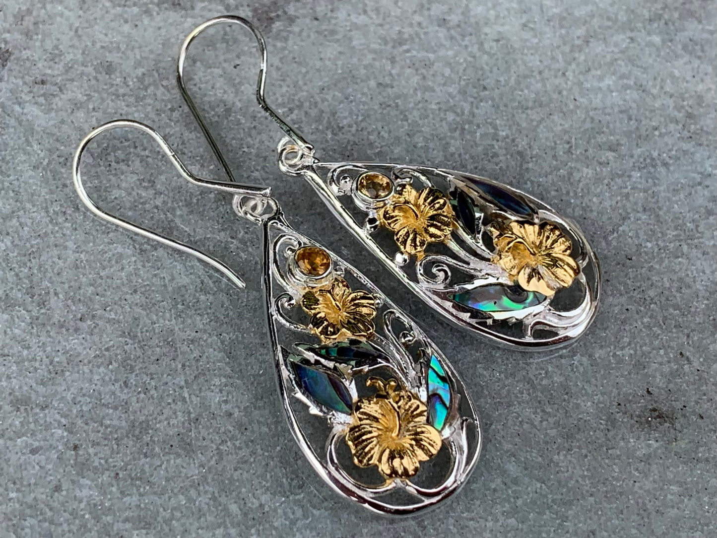 Hibiscus Flower Citrine Silver Gold Abalone Shell Earrings