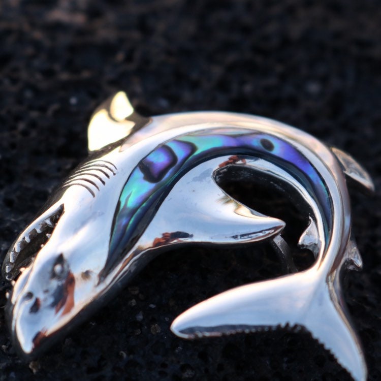 Shark Necklace Pendant. Sterling Silver, Mother of Pearl, Abalone Paua Shell.