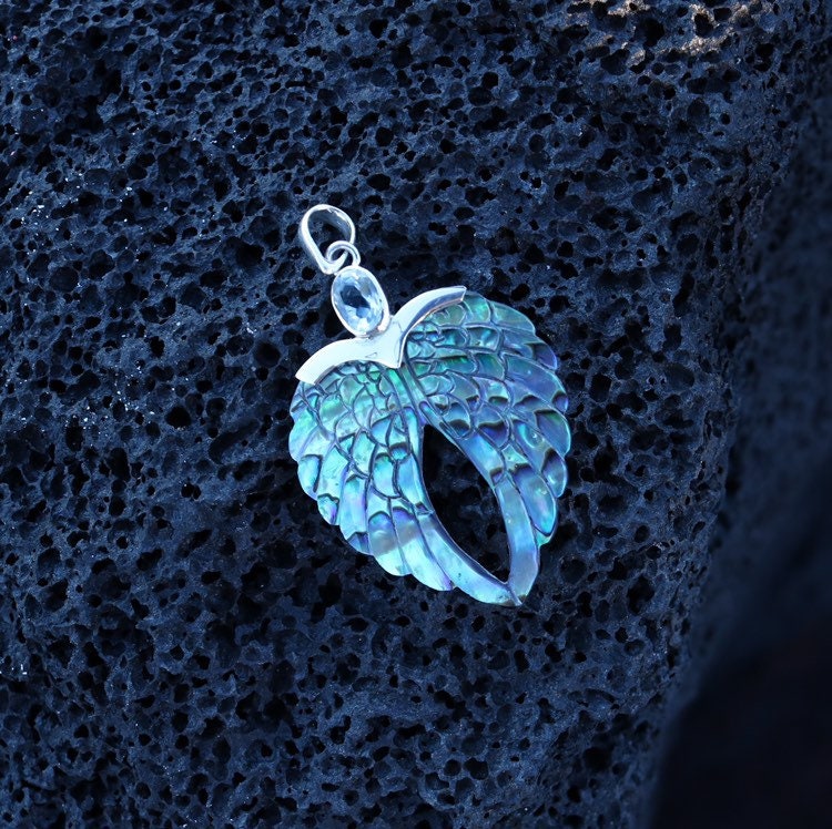 Angel Wings Heart Mother of Pearl Shell Necklace Pendant with Blue Topaz. Sterling Silver.