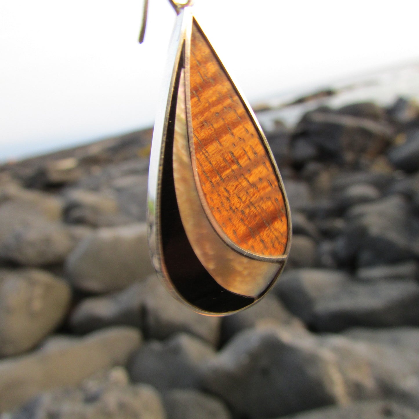 Teardrop Earrings | Ouster Shell | Hawaiian Koa Wood | Sterling Silver | Gift | Jewelry | Handmade | Unique
