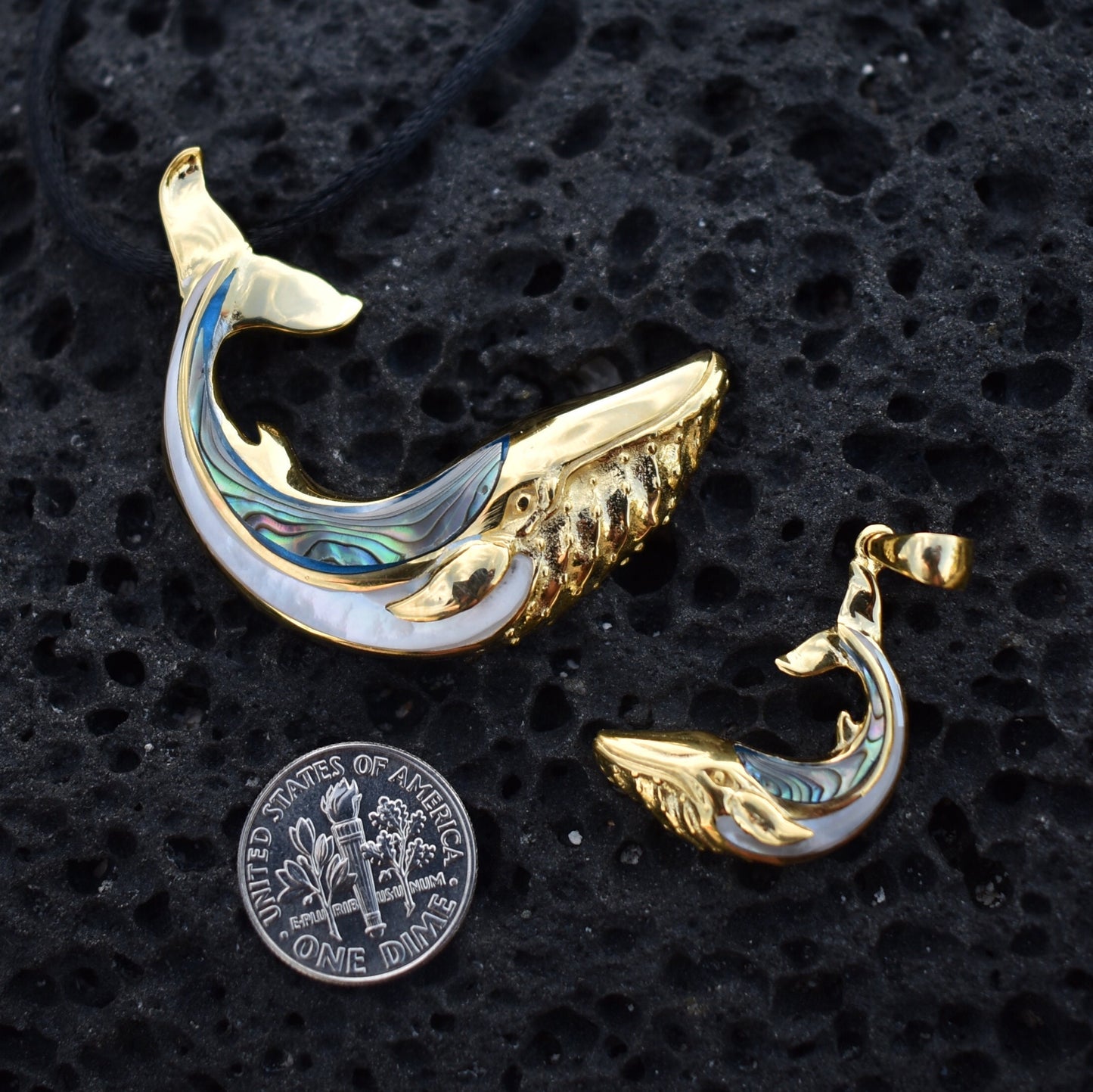 18K Gold Vermeil Whale Necklace Pendant. Abalone Shell. Mother of Pearl.