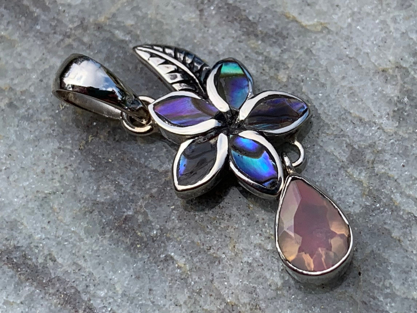 Plumeria Opal Charm Necklace Pendant. Abalone shell, Silver.