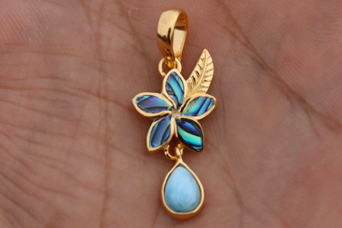 18K Gold Vermeil Charm Plumeria Flower Larimar Teardrop  Pendant Necklace.