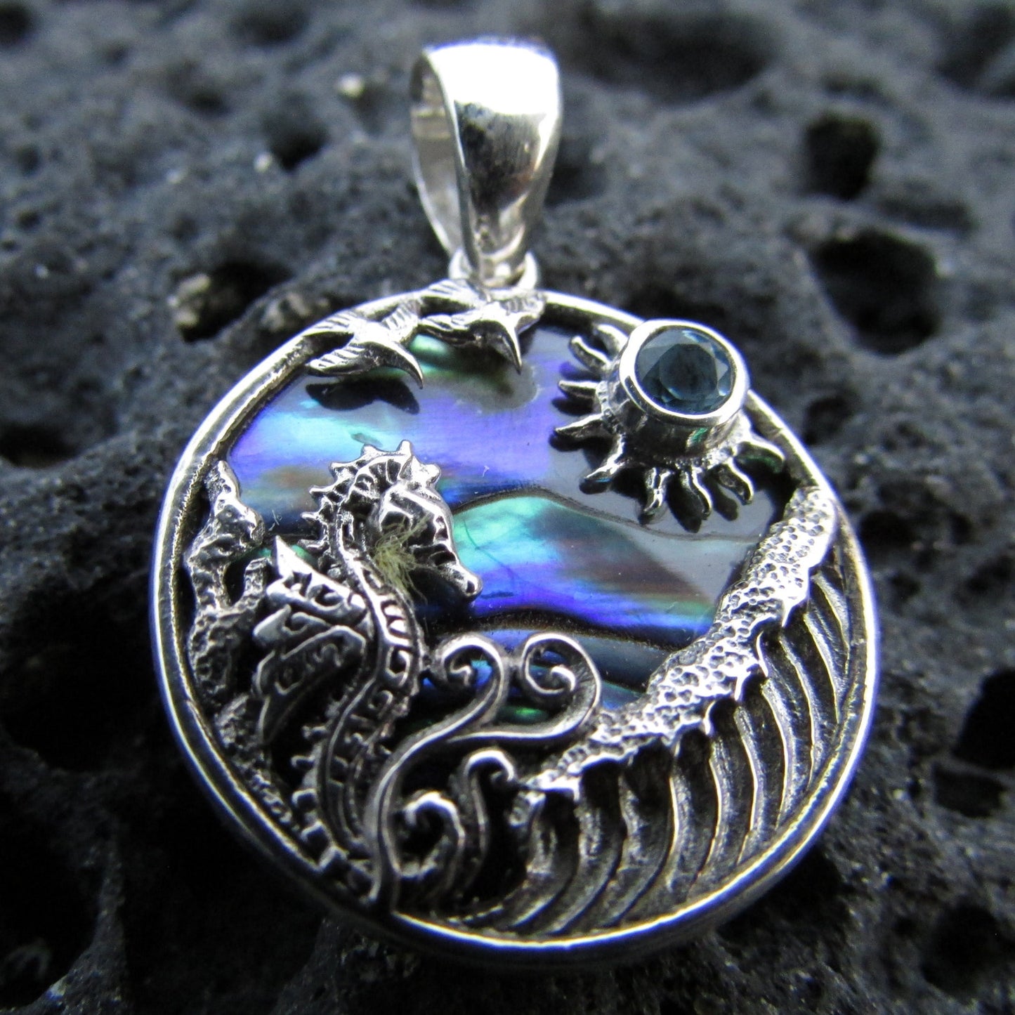 Seahorse Wave Necklace Pendant | Blue Topaz | Paua Abalone Shell | Sterling Silver | From Hawaii | Unique | Handmade