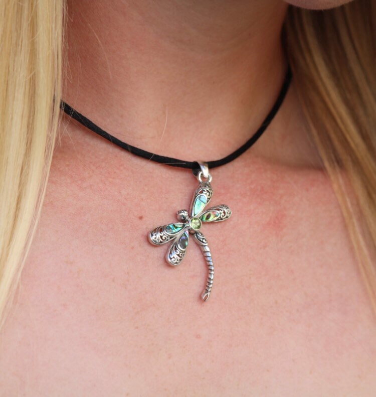 Dragonfly Necklace Pendant | Sterling Silver | Abalone Shell | Peridot | Amethyst | Blue Topaz | Gift | Jewelry | Handmade | Unique
