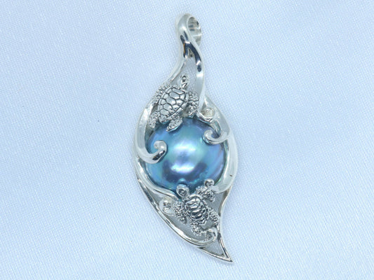 Turtle Blue Pearl Mabe Silver Pendant Necklace (Hawaiian Honu)