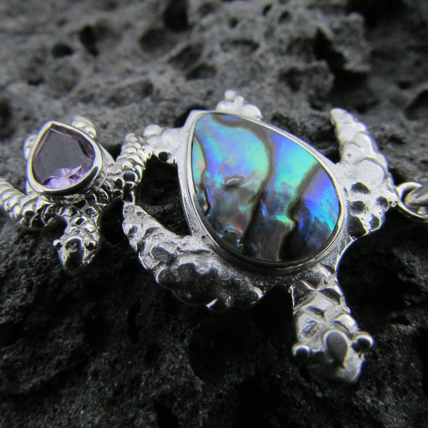 Sea Turtle Necklace Pendant | Paua Abalone Shell | Amethyst | Sterling Silver | Ocean | Beach | Gift | Jewelry | Handmade | Unique