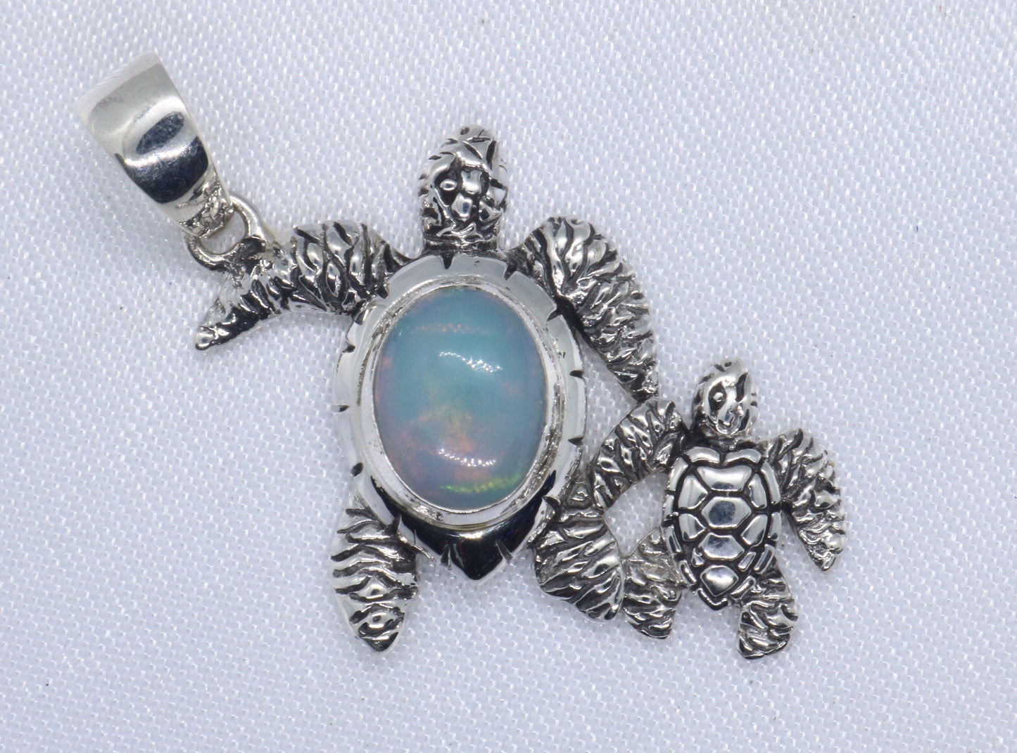 Opal Turtle Hawaiian Honu Mom and Baby silver Necklace Pendant