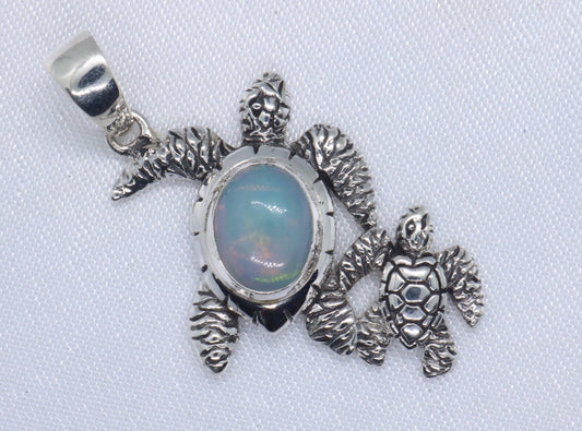 Opal Turtle Hawaiian Honu Mom and Baby silver Necklace Pendant