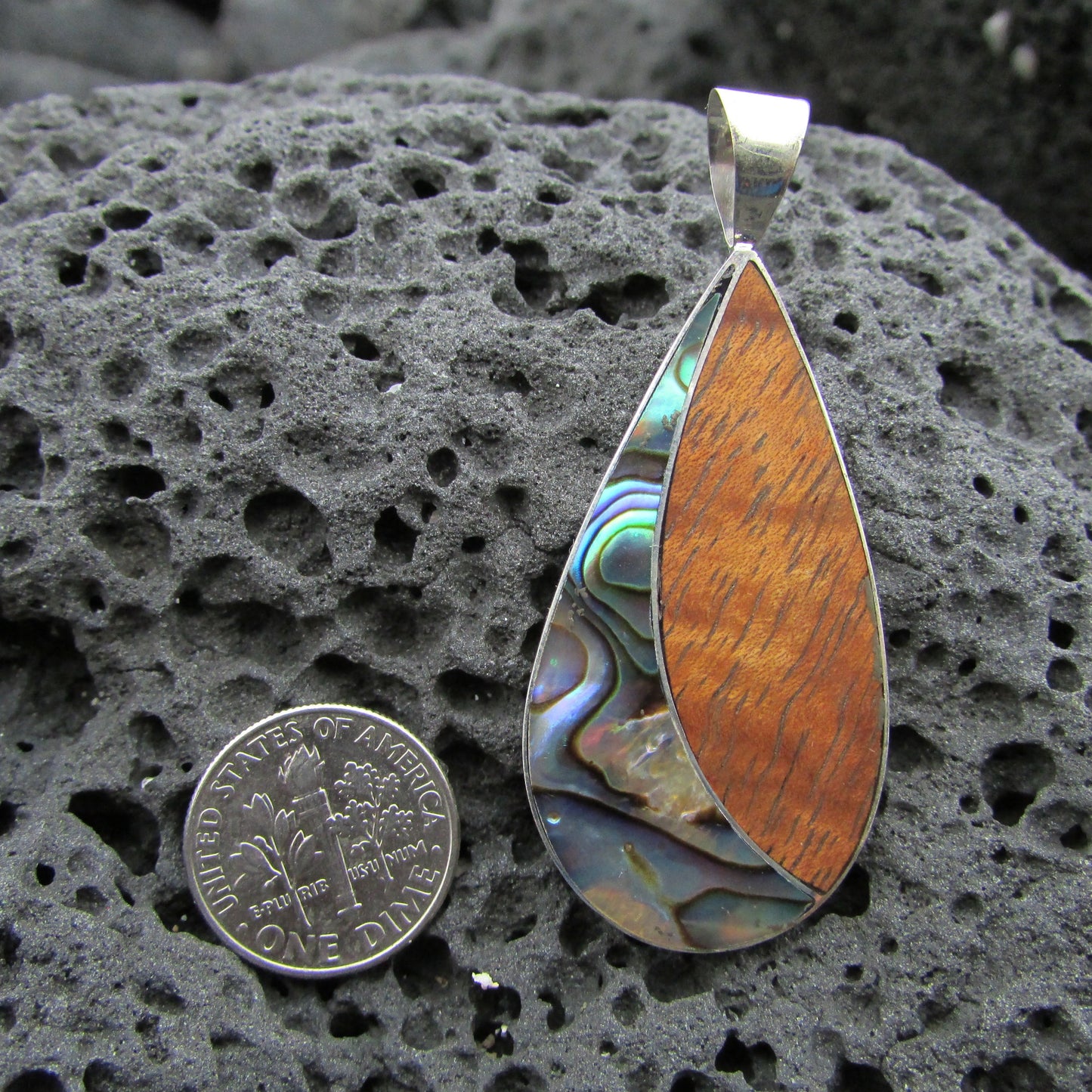 Teardrop Necklace Pendant | Koa Wood | Abalone Paua Shell | Sterling Silver | Gift | Jewelry | Handmade | Unique