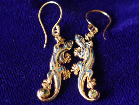 Hawaiian Gecko Lizard Salamander Earrings. Vermeil 18k Gold Silver Abalone Paua Shell Peridot.