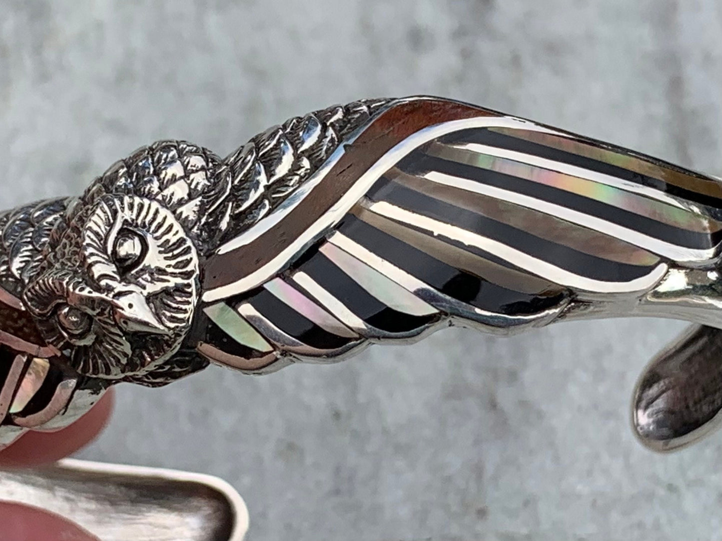 Owl cuff bracelet. Hawaiian Koa Wood. Mother of Pearl, Black Lip Oyster Shell, Sterling Silver.