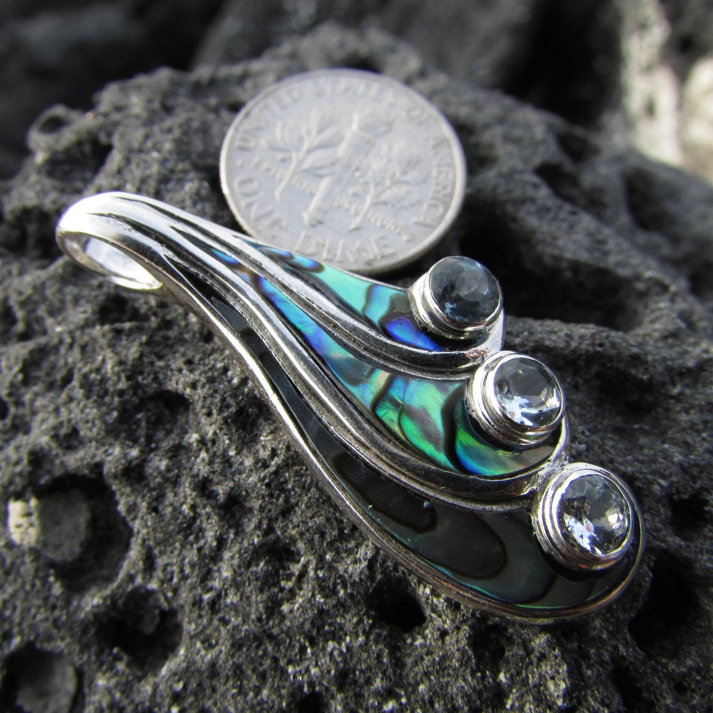 Waterfall Water Necklace Pendant | Blue Topaz | Abalone Paua Shell | Sterling Silver | Ocean | Beach | Gift | Jewelry | Handmade | Unique