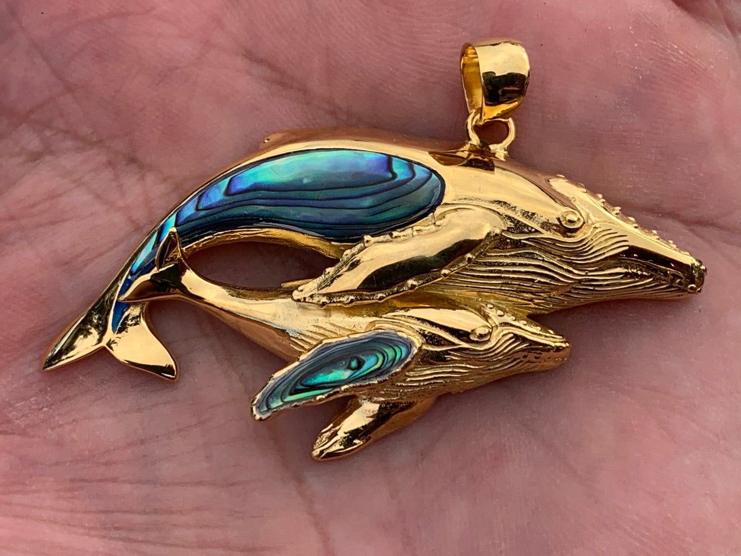 Mother and Baby Humpback Whale Necklace Pendant. 18k Gold Vermeil, Abalone Paua Shell.