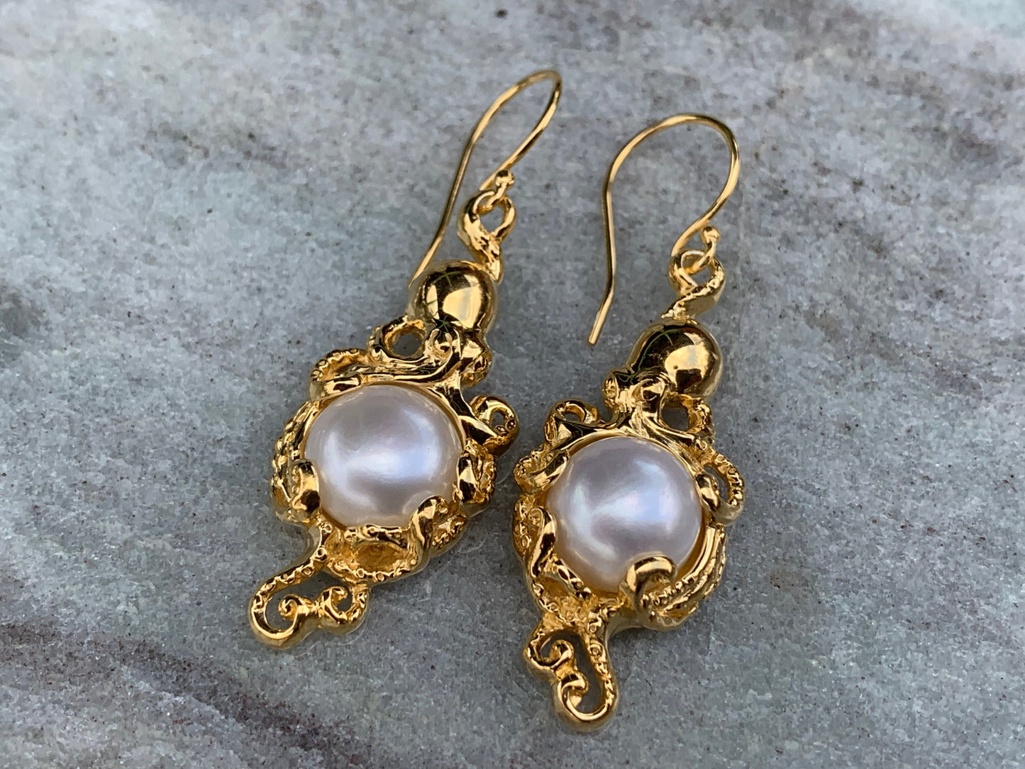 18k gold vermeil white mabe pearl octopus earrings.