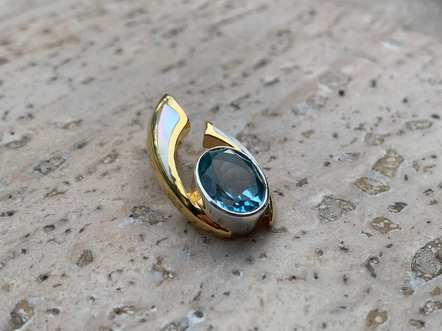 Wave Pendant. Blue Swiss Topaz, Mother of Pearl, Gold Vermeil.