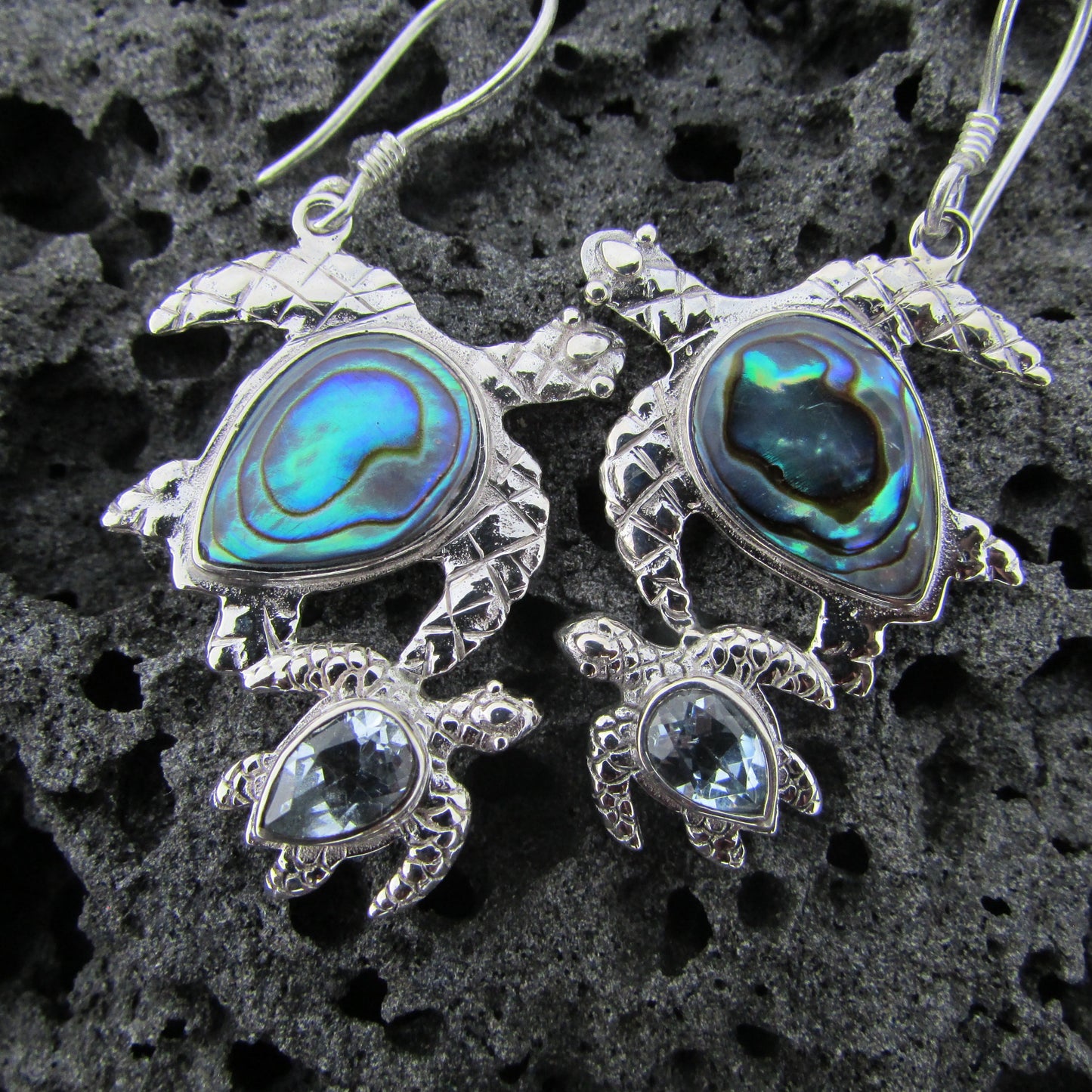 Sea Turtle Couple Earrings  | Abalone Paua Shell | Blue Topaz | Sterling Silver | Ocean | Beach | Gift | Jewelry | Handmade | Unique