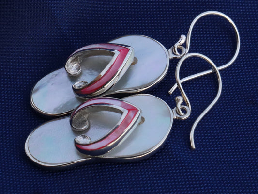 Beach Slippers Flip Flops Charm Earrings. Sterling Silver, Mother of Pearl, Abalone Shell.