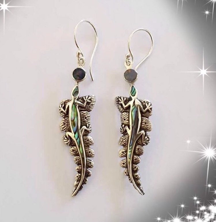 Lizard Salamander Hawaiian Gecko Aumakua Handmade Earrings. Rainbow Opal, Abalone Paua Shell, Sterling Silver.