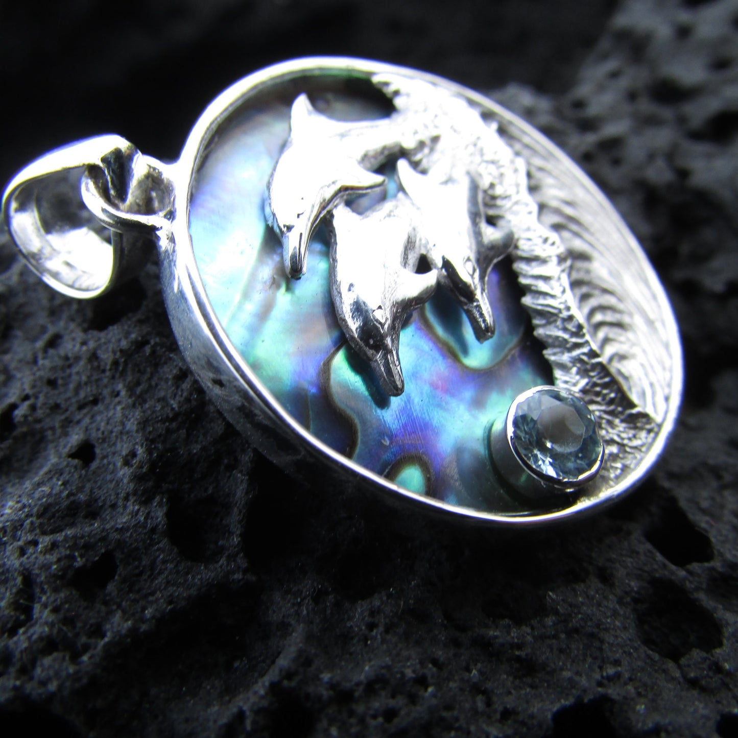 Dolphin Wave Necklace Pendant Large | Blue Topaz | Abalone Paua Shell | Sterling Silver | Ocean | Beach | Gift | Jewelry | Handmade | Unique