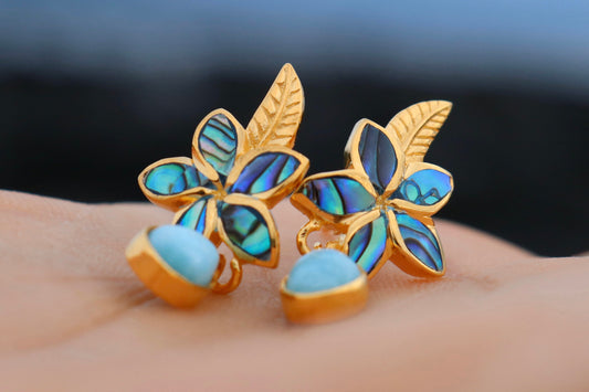 18K Gold Vermeil Plumeria Flower Larimar Stud Earrings. Abalone Shell, Sterling Silver.