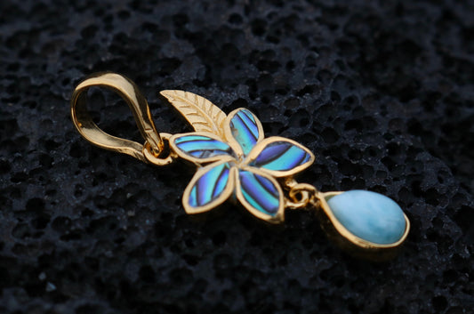18K Gold Vermeil Charm Plumeria Flower Larimar Teardrop  Pendant Necklace.