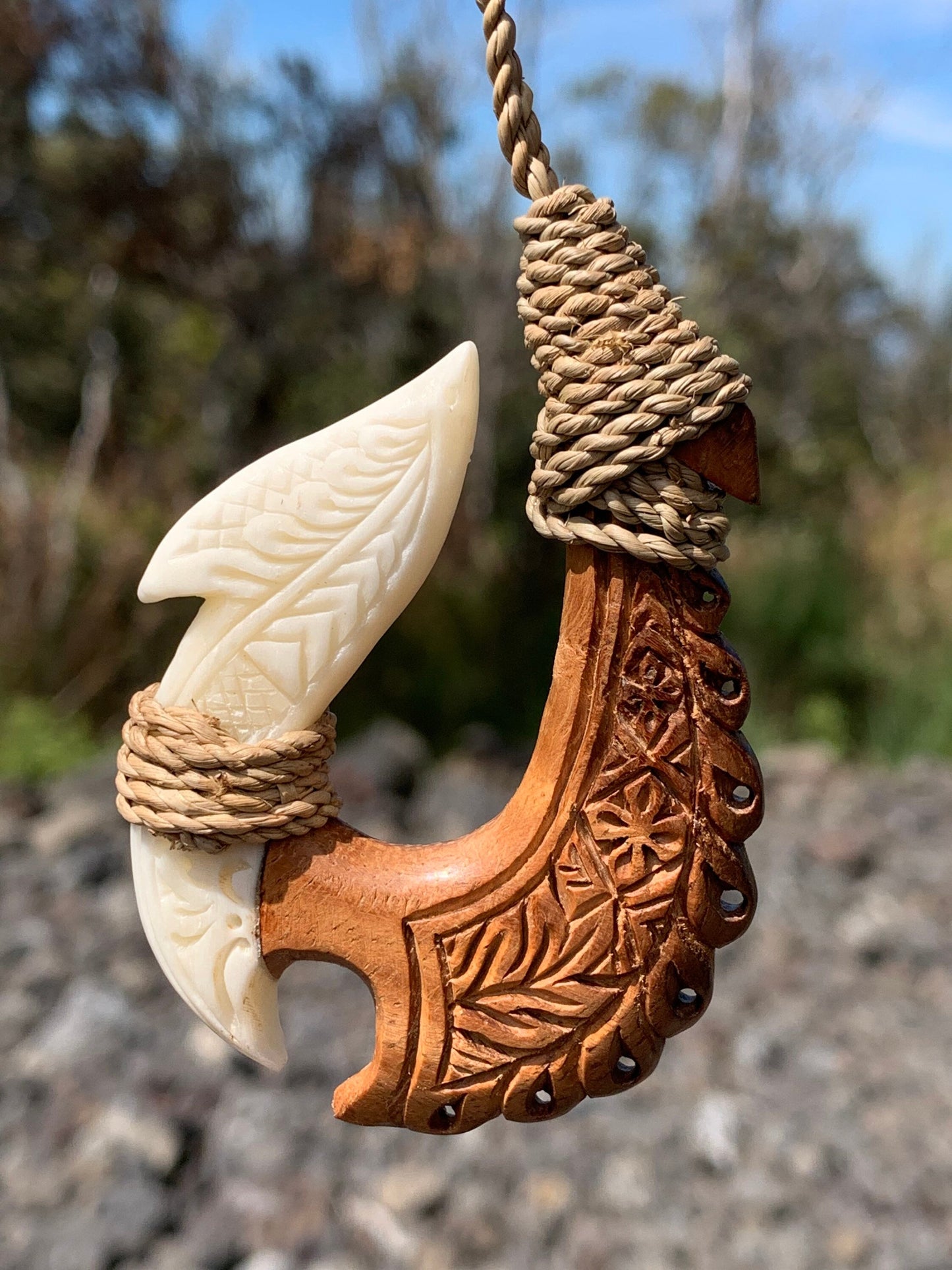 Hawaiian Makau Polynesian Matau Maui Carved Fish Hook Necklace. Bone, Wood.