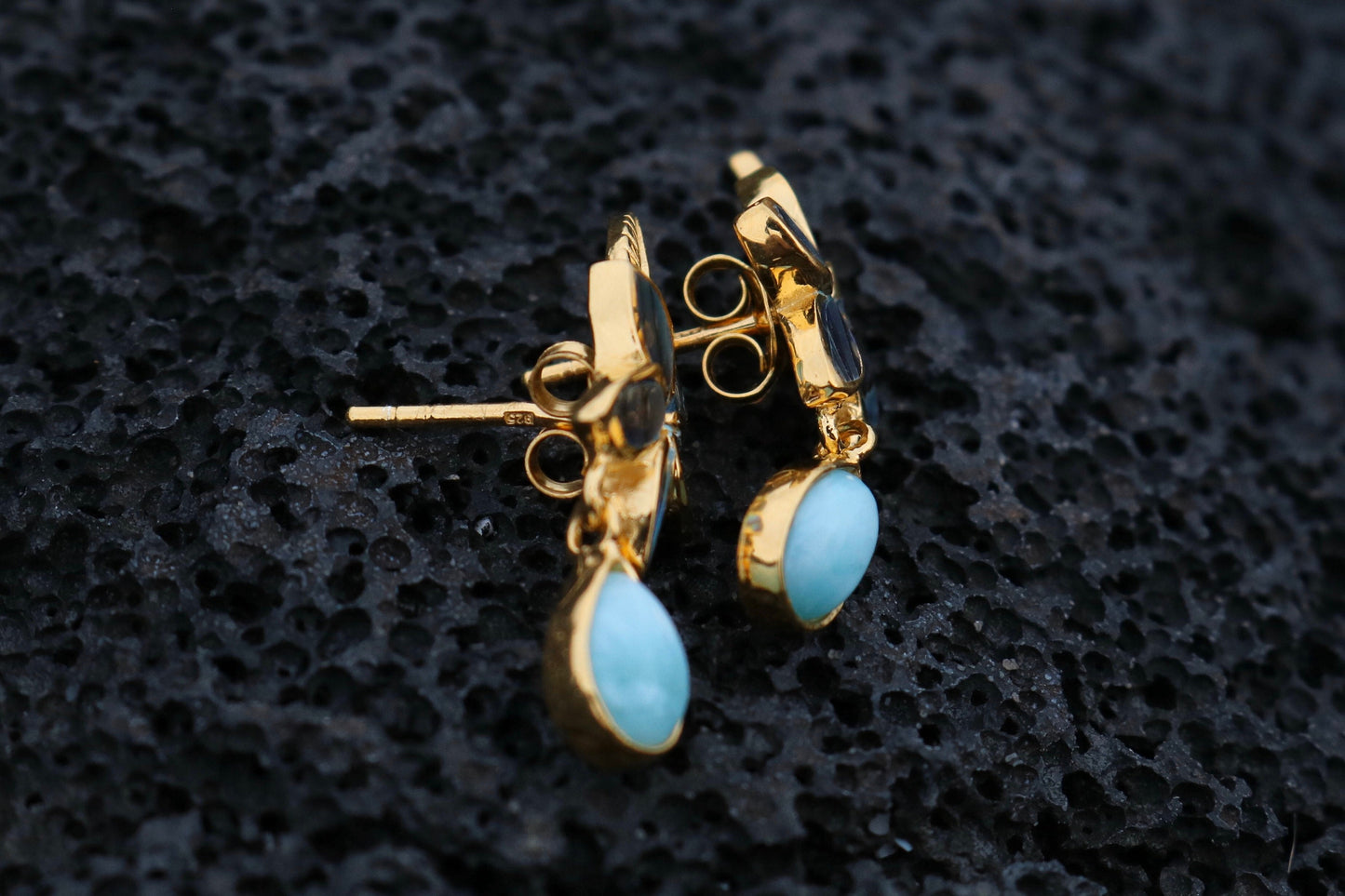 18K Gold Vermeil Plumeria Flower Larimar Stud Earrings. Abalone Shell, Sterling Silver.