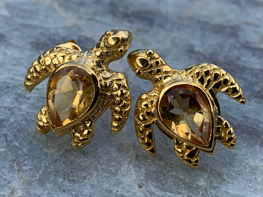 Turtle charm citrine gold vermeil stud earrings