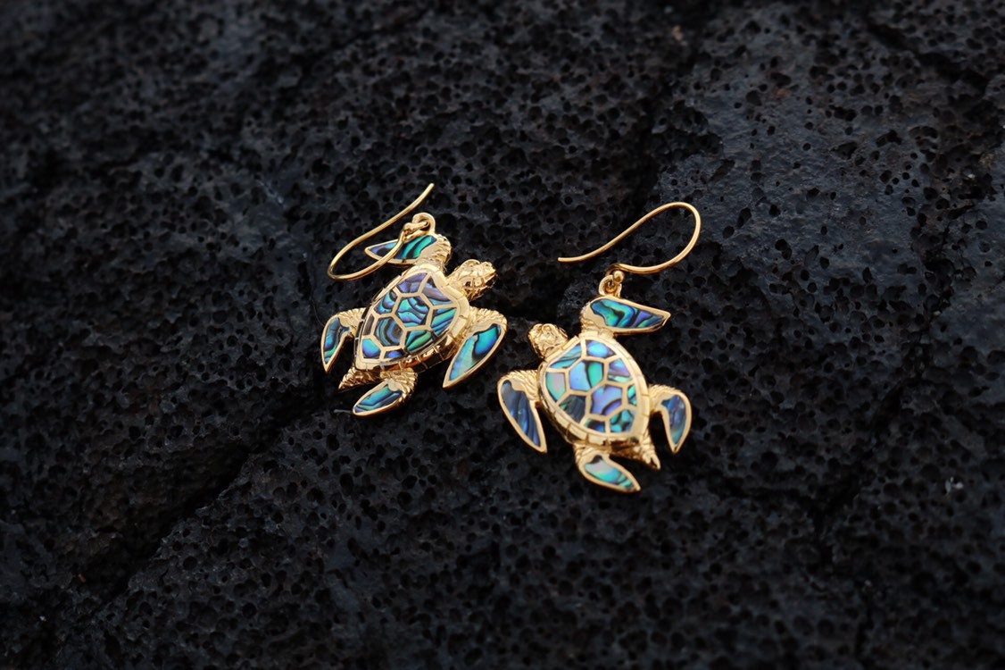 18K Gold Vermeil Green Sea Turtle Earrings. Hawaiian Honu Aumakua. Abalone Paua Shell.