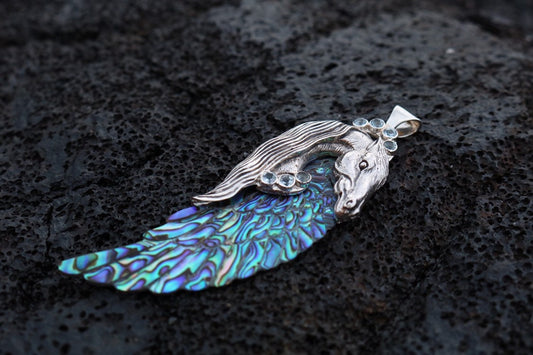 Pegasus Horse Wings Cowgirl Jewelry Necklace Pendant. Sterling Silver, Blue Topaz, Abalone Shell.