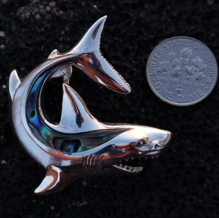 Shark Necklace Pendant. Sterling Silver, Mother of Pearl, Abalone Paua Shell.