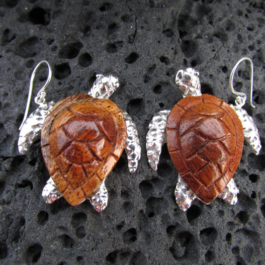 Sea Turtle Earrings Large | Koa Wood | Sterling Silver | Ocean | Beach | Gift | Jewelry | Handmade | Unique