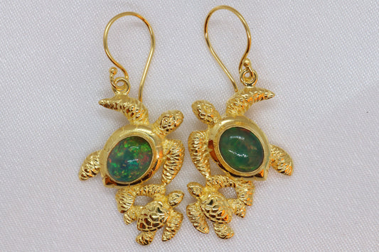 Opal Turtle Hawaiian Honu Mom and Baby 18k Gold Vermeil Earrings