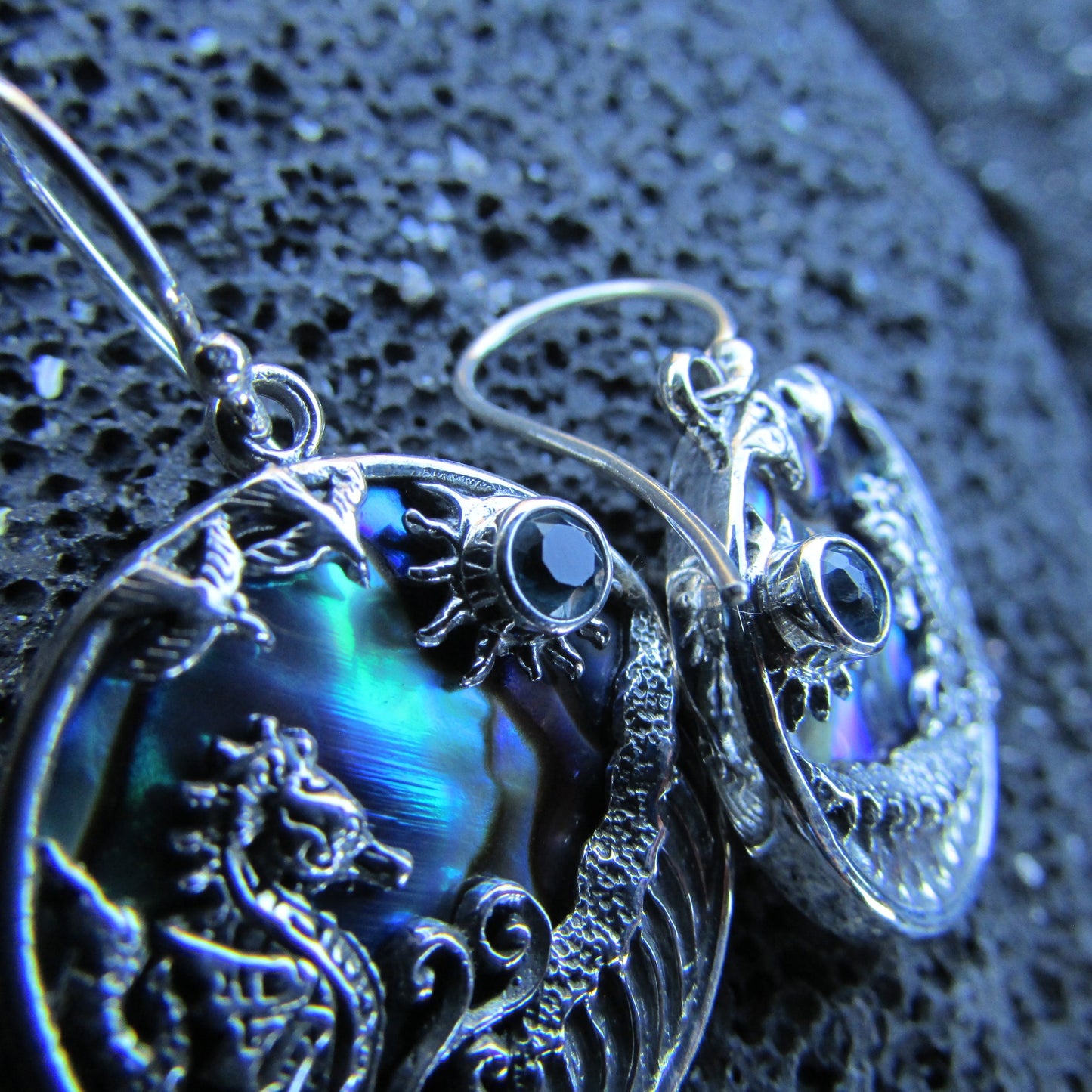 Seahorse Wave Earrings | Blue Topaz | Paua Shell | Sterling Silver | Ocean | Beach | Gift | Jewelry | Handmade | Unique