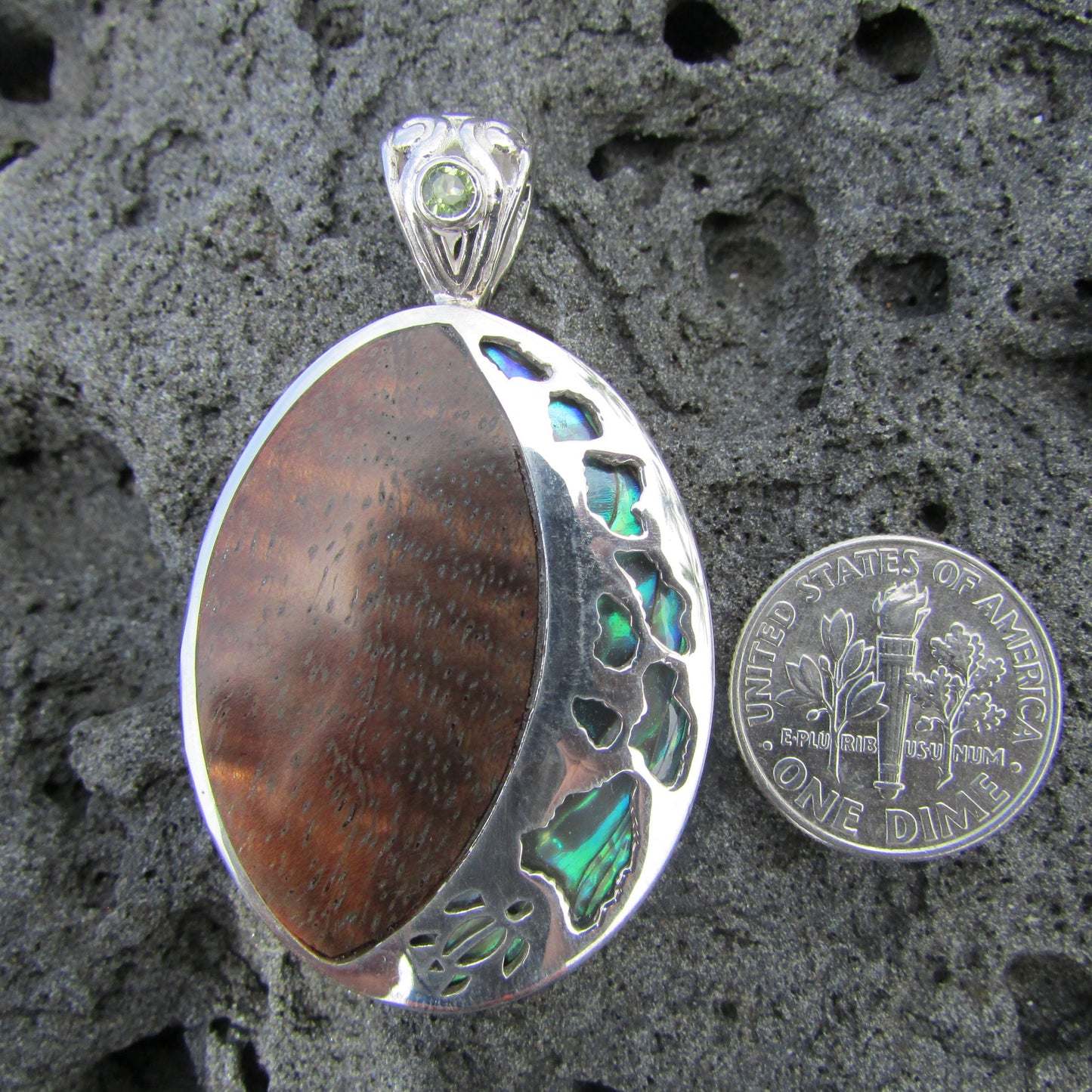 Hawaii Island Chain Turtle Pendant Necklace Large | Koa Wood | Paua Abalone Shell | Peridot | Sterling Silver | Beach | Jewelry | Handmade