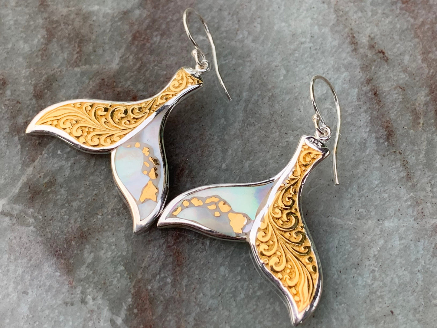 Hawaiian Islands Whale Tail Earrings. Kauai, Oahu, Maui, Big Island of Hawaii. Gold, Silver, Mother of Pearl.