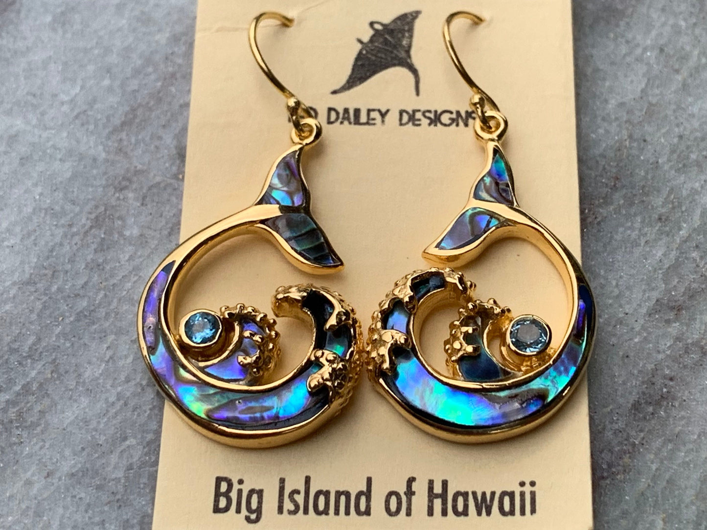 Whale Tail and Wave Swiss Blue Topaz 18k Gold Vermeil Earrings