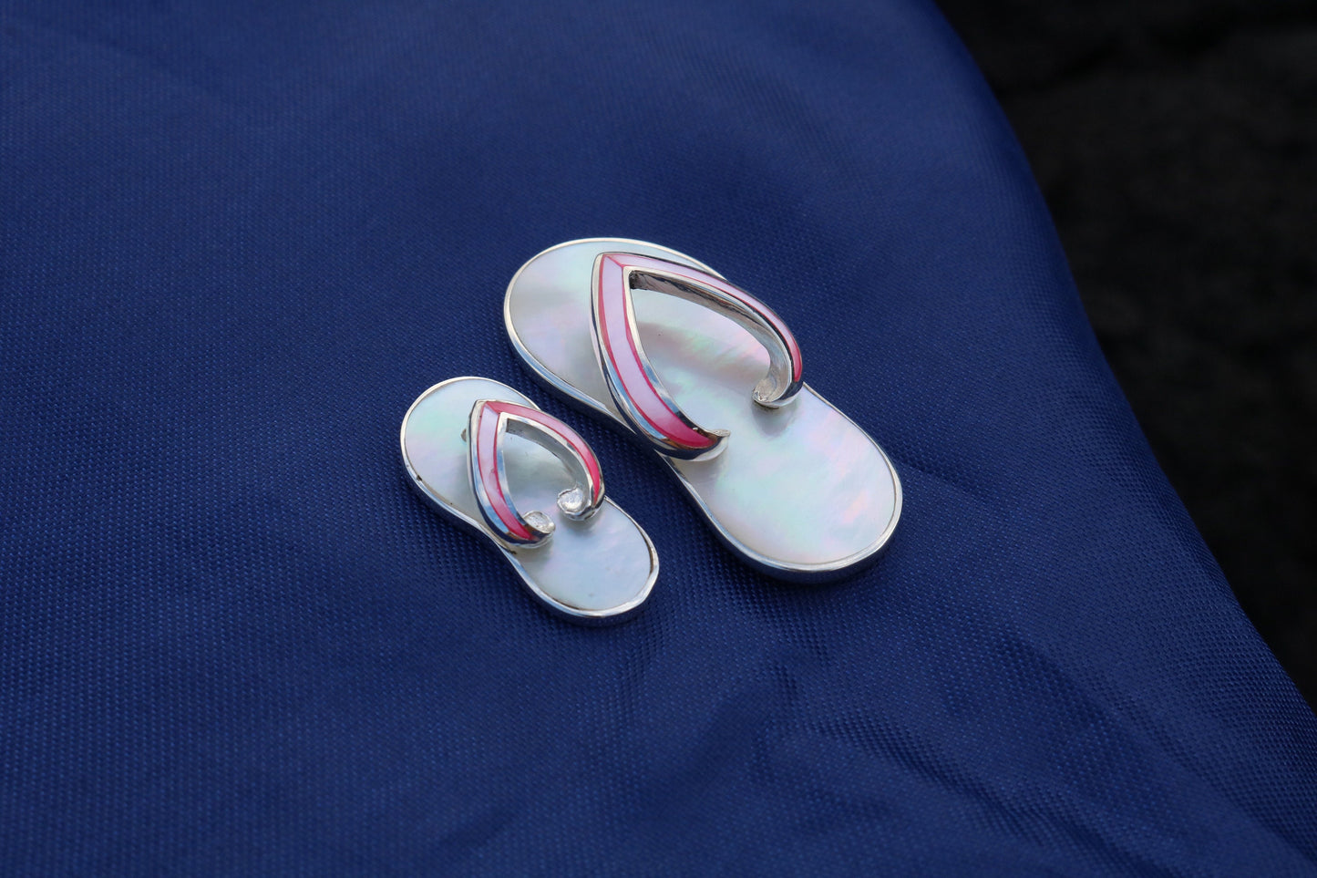 Beach Slippers Necklace Pendant . Sterling Silver, Mother of Pearl.
