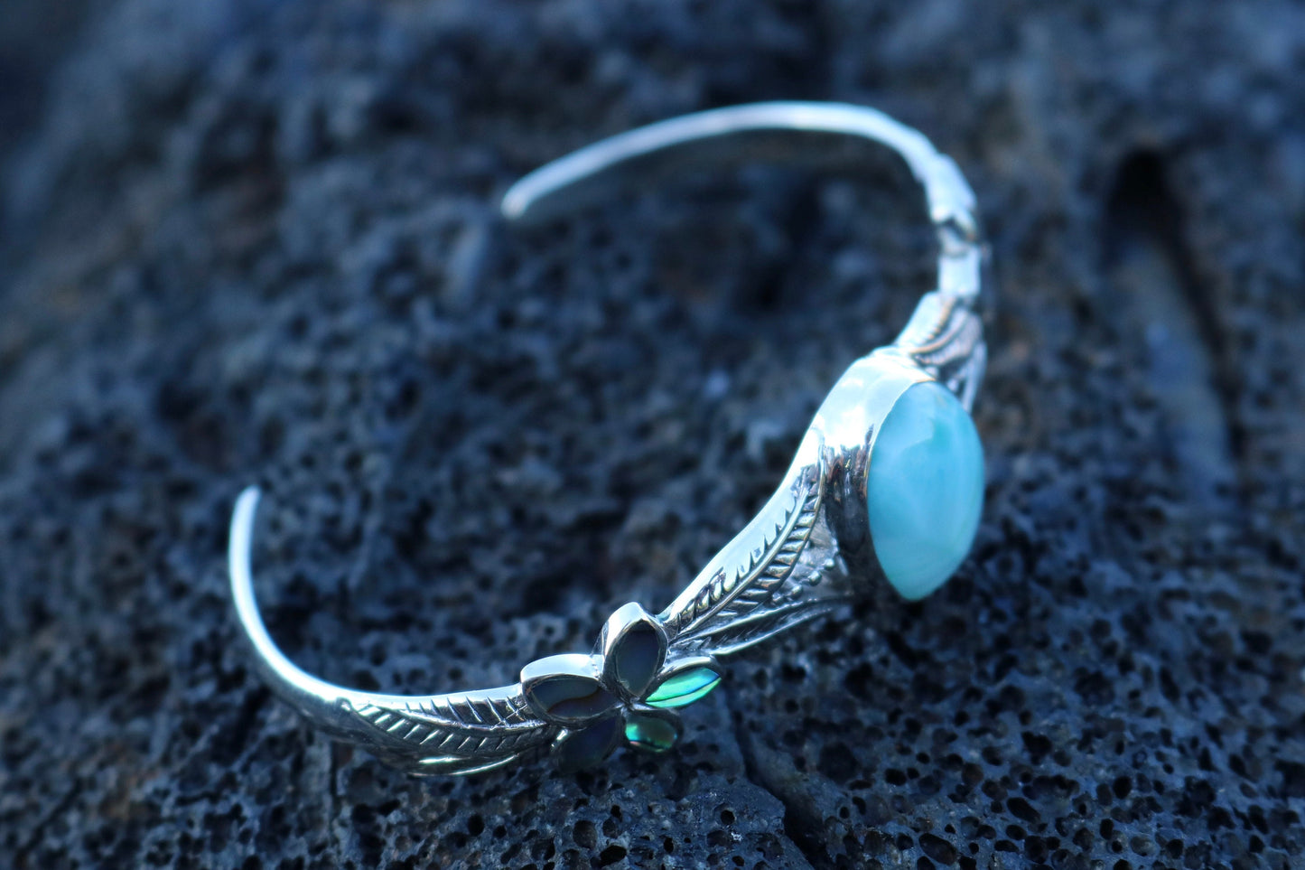 Larimar Cuff Bracelet with Plumeria Flower. Abalone Paua Shell and Sterling Silver.