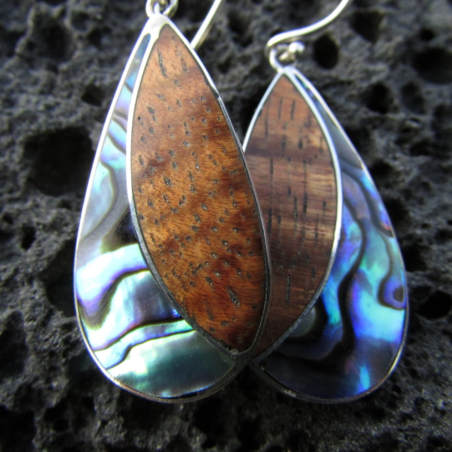Teardrop Earrings | Paua Abalone Shell | Koa Wood | Sterling Silver | Gift | Jewelry | Handmade | Unique