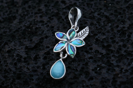 Plumeria Flower Larimar Teardrop Charm Pendant Necklace. Sterling Silver, Abalone Shell.