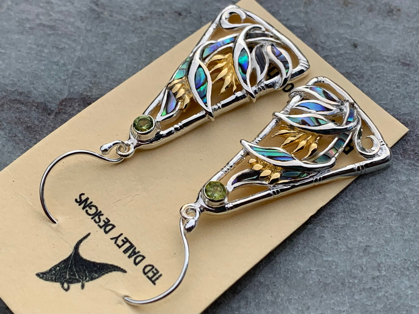 Bird of Paradise Flower Blue Peridot Silver Gold Shell Earrings