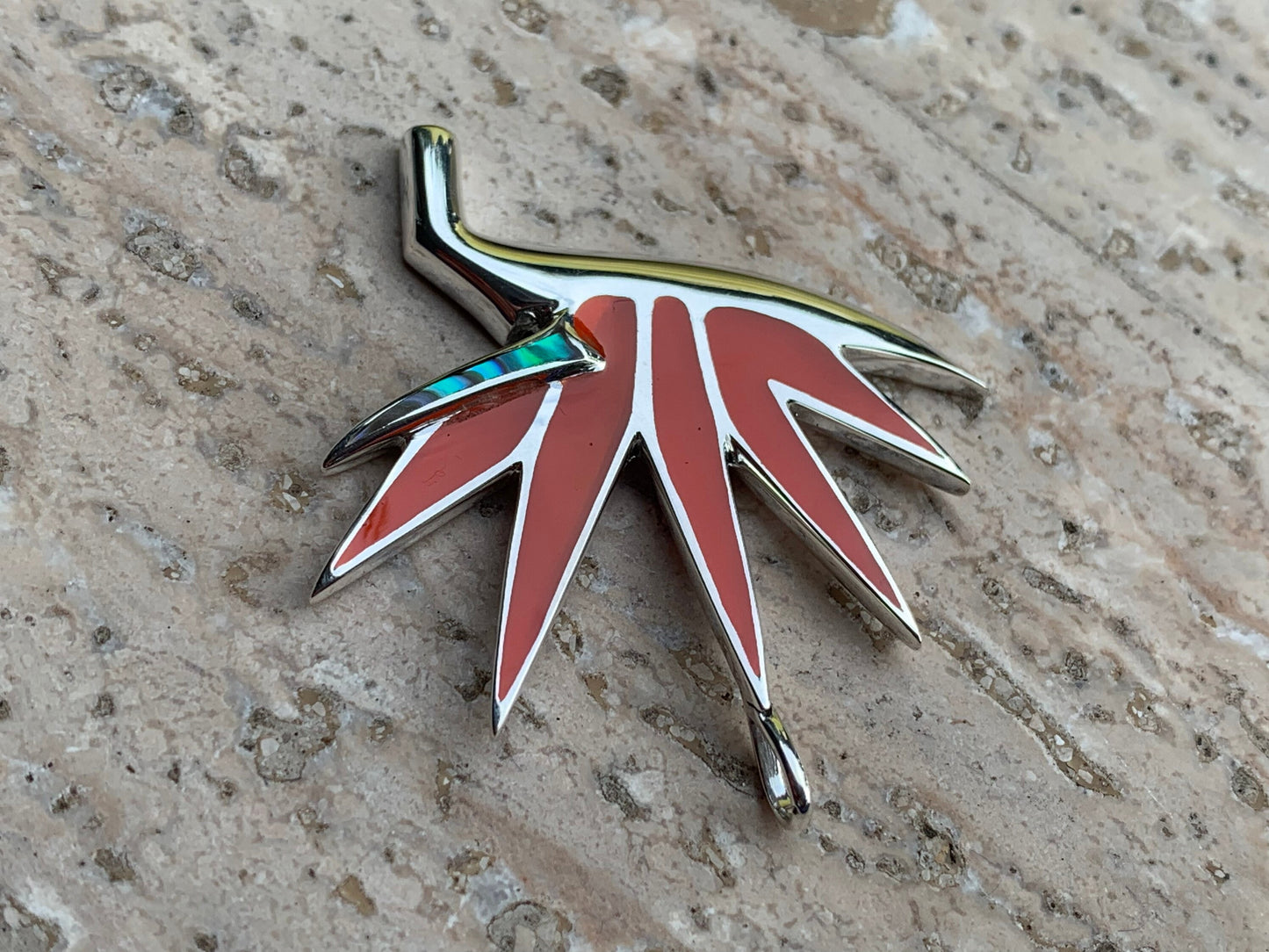 Bird of Paradise Flower Necklace Pendant. Red Coral, Sterling Silver, Abalone Shell.