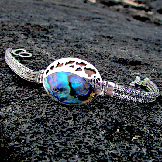 Hawaii Islands and Turtle Handmade Bracelet | Abalone Shell | Hawaiian Koa Wood | Paua Shell | Sterling Silver